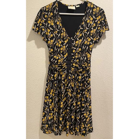 Anthropologie Maeve Black Yellow Floral Summer Breeze Pullover Dress Size SP - Picture 2 of 7